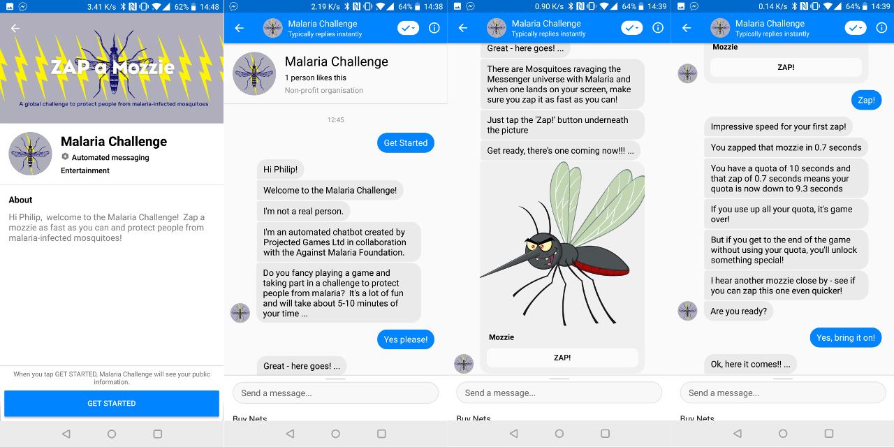 Screenshots of the Malaria Challenge Chatbot